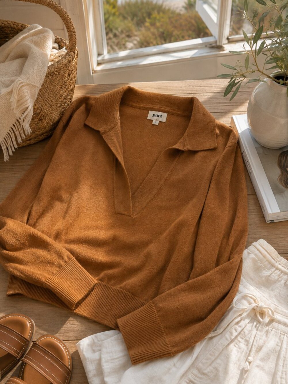 PACT Organic Cotton Collared V-Neck Sweater Camel Brown Size Small